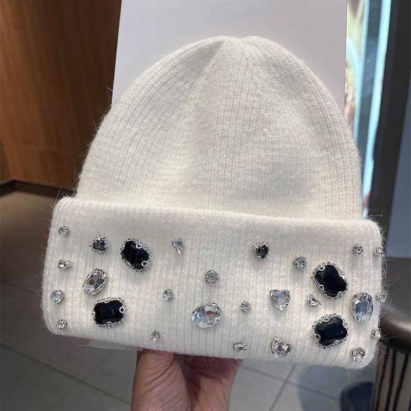 Autumn and Winter Knitted Hat Rhinestone Women's Casual Trendy Net Red Bowler Hat Warm Versatile Beanie Ear Hat