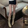 2025 рыцарские сапоги женские ретро замшевые толстые каблуки остроносые высокие сапоги однотонные плиссированные ворсовые сапоги в европейском и американском стиле обувь