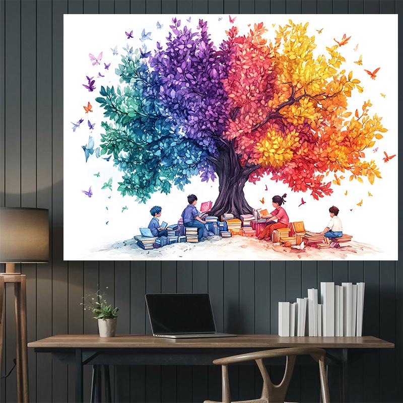 1 piece of the "All Seasons Reading Tree" party banner - Vibrant multi-color polyester fiber seasonal decoration