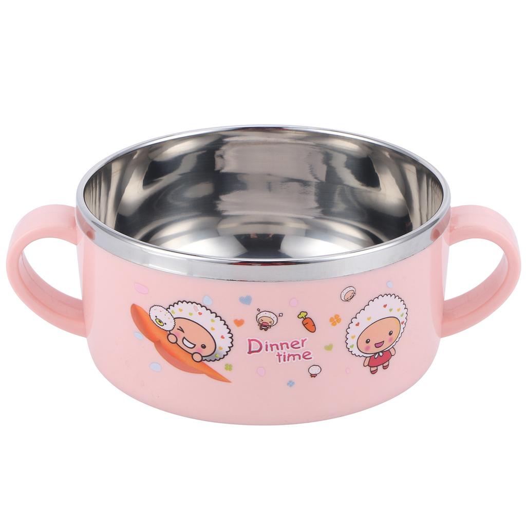 Baby Children Bowl Cartoon 304 Stainless Steel Rice Feeding Bowl with Lid TablewarePink