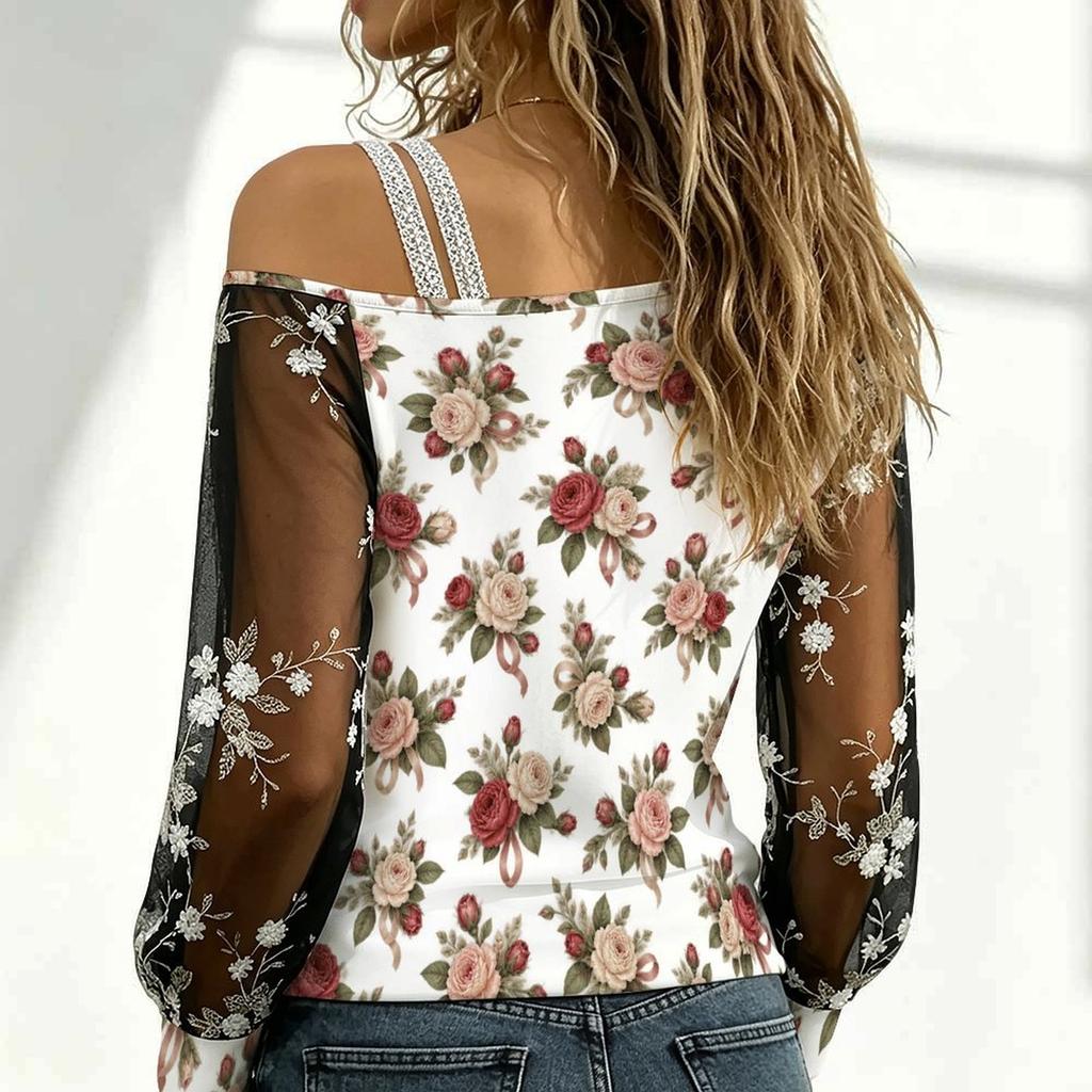 Women Plus Size Off Shoulder Long Sleeve Top Leopard Cowboy Boot Print Mesh Floral Blouse
