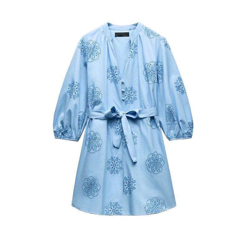 Spring New V Neck Puffy Long Sleeves with Belt Adhesive Embroider Decorative Poplin Dress 2492058