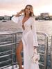 Elegant Knitted Long Bell Sleeve Tunic Beach Maxi Dress 2024 Summer Sexy Beachwear Swimsuit Cover Up Women Holiday Outfits A2830