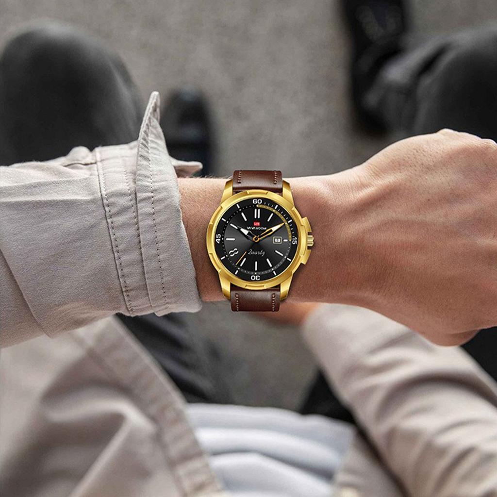 VA VA VOOM Мужские кварцевые часы Business Simple Calendar 30m Водонепроницаемые светящиеся кварцевые часы с кожаным ремешком, модные наручные часы