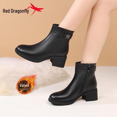 Женские ботильоны Red Dragonfly 2025 из черной кожи на высоком каблуке с бархатной подкладкой - Теплые, на массивном каблуке, увеличивающие рост