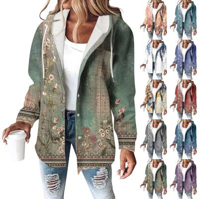 Толстовки женские зимние теплые толстовки на пуговицах с капюшоном и завязками на шнурке с принтом куртка пальто