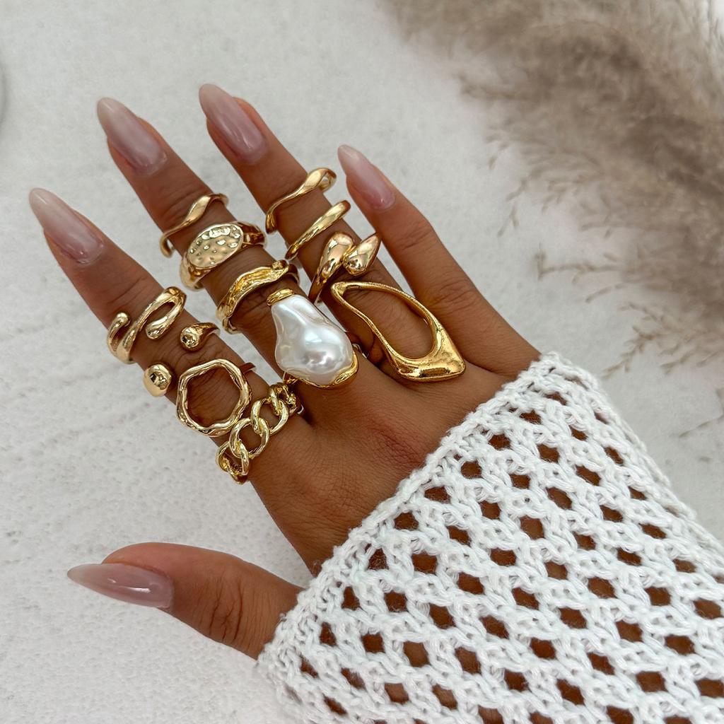 Personalized Exaggerated Imitation Pearl Ring Hand Jewelry, Retro Irregular Liquid Lava Ring Set