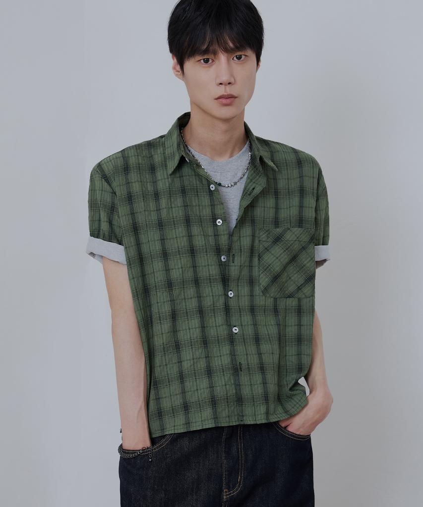 NODU Seersucker Check Crop Half Shirt [Green]