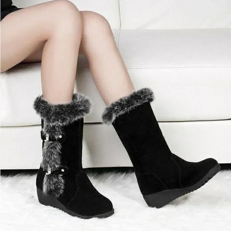 New Winter Women Boots Casual Warm Fur Mid-Calf Boots Shoes Women Slip-On Round Toe Wedges Snow Boots Shoes Muje Plus Size 42