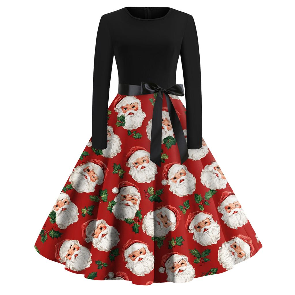 Женское модное повседневное платье с круглым вырезом, рождественским принтом и длинными рукавами