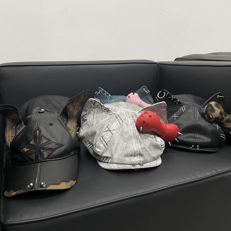 2000s Dog Ear Baseball Hat for Women Men Dystopian PU Leather Hat Subcultures Streetwear Hiphop Hat Daily Party Headwear