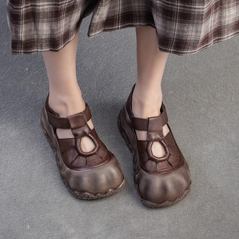 Johnature Thick Soled Retro Anti Slip Women's Flat Shoes Genuine Leather Versatile Roman Sandals