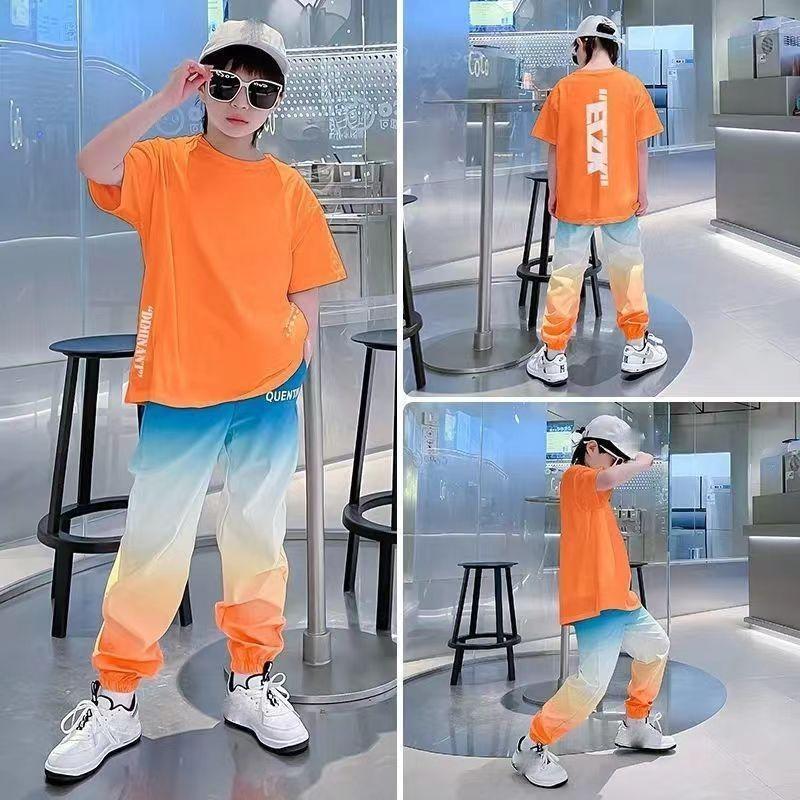 Летняя одежда для подростков, повседневная одежда, детский градиентный спортивный костюм, детская футболка + брюки с завязками на щиколотке