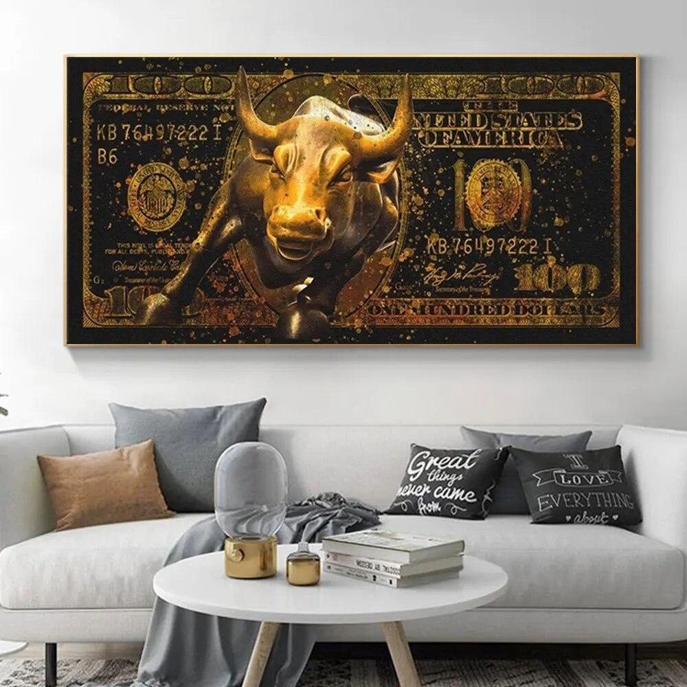 Граффити Wall Street Bull Art Мотивационный Плакат и Печать на Холсте Картина Долларов Картина для Гостиной Украшения Дома Подарок Без Рамки