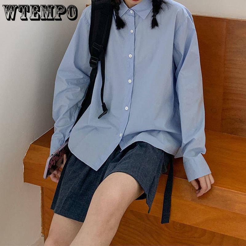 Женская однотонная рубашка, свободная блузка с длинными рукавами, рубашка с длинными рукавами в гонконгском стиле, летняя рубашка, модная одежда для девочек