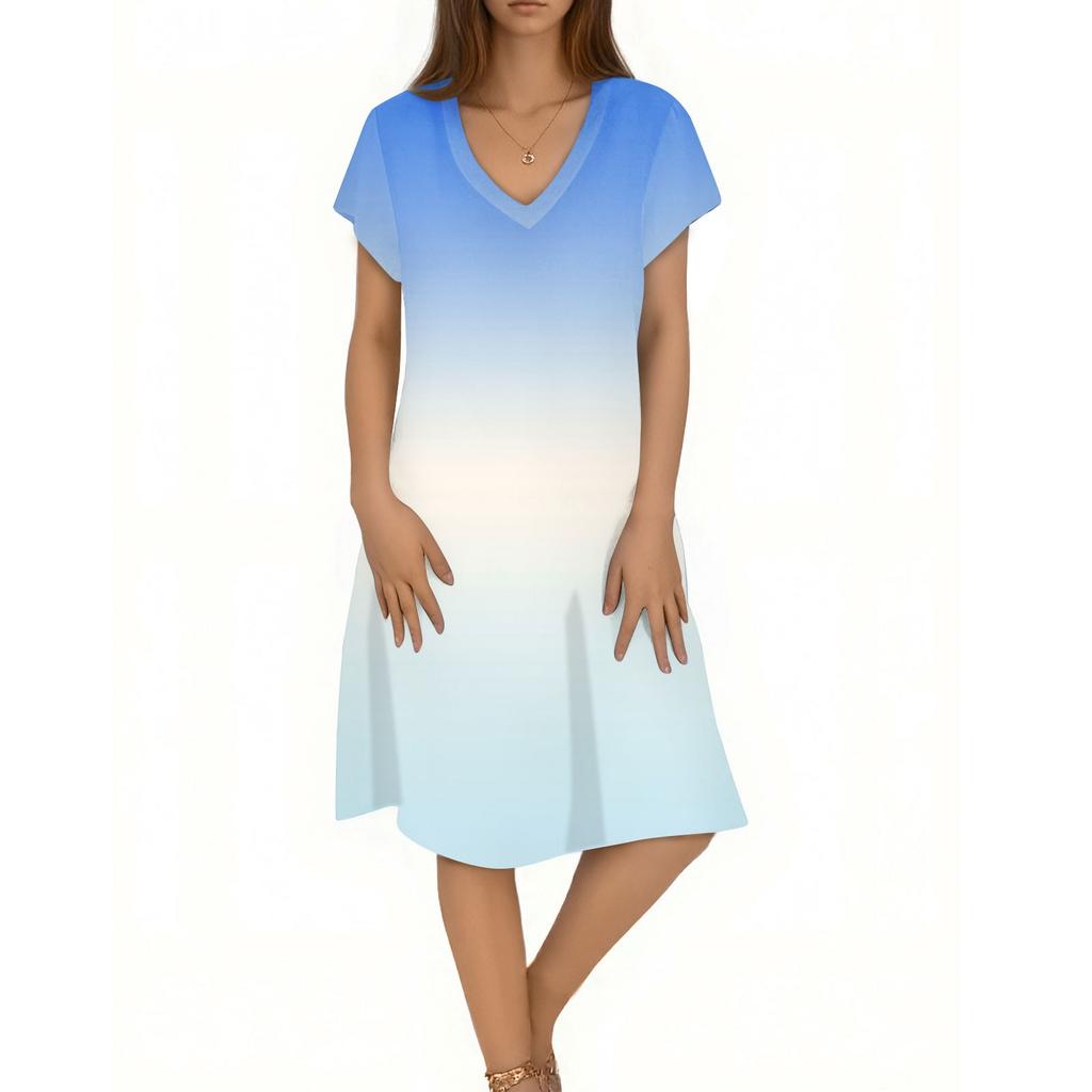 Ladies Casual Fashion V-neck Short Sleeve Gradient Print Mid-length Flowing Dress