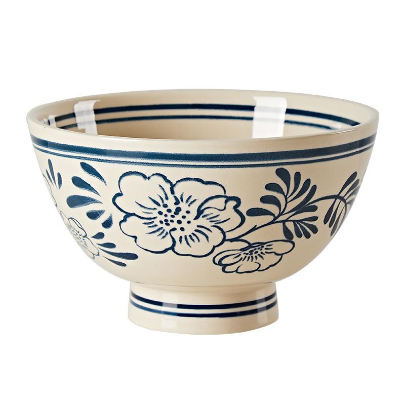 Retro Hand-Painted Blue & White Large Noodle Bowl - High-Footed Porcelain for Creative Dining