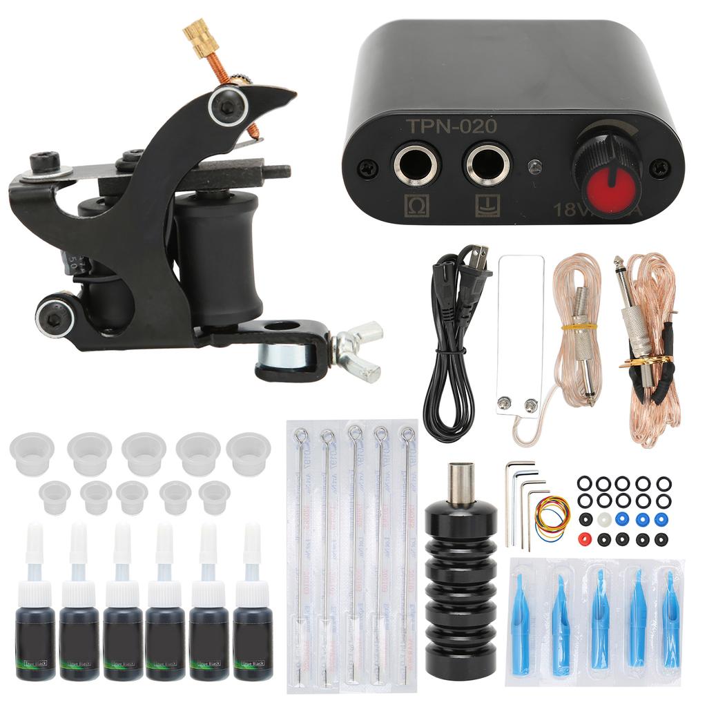 Complete Starter Tattoo Kit Professional Coil Tattoo Machine Power Supply 6 Ink Needles Grips