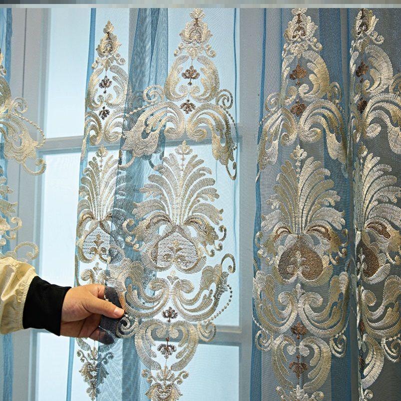 1 панельная перегородка, прозрачная занавеска, роскошная синяя прозрачная занавеска с вышивкой, кружевная фильтрующая занавеска, винтажная цветочная занавеска для окон для гостиной
