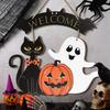 High Quality Halloween Decorative Wooden Sign with Black Cat, Pumpkin and Ghost -"Welcome" Design for Door Hanging for Halloween