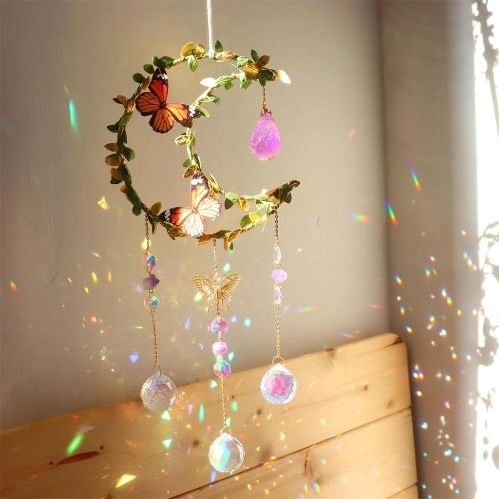 Crystals Wind Chime Star Moon Butterfly Hanging Ornament Sun Catcher Diamond Prisms Rainbow Maker Pendant Home Garden Decor