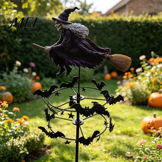 Whimsical Witch Silhouette Garden Wind Spinner, Halloween Yard Art Metal Outdoor Decorative Spinner Stake, Flying for Lawn Patio Pathway Fall