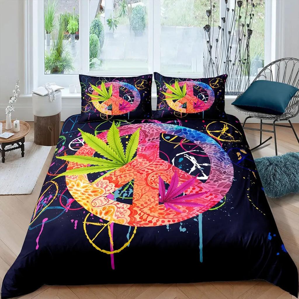 Boho Hippie Psychedelic Flowers Duvet Cover Colorful Peace Sign Bedding for Boys Girls Women Bedroom Decorative Rainbow Tie Dye