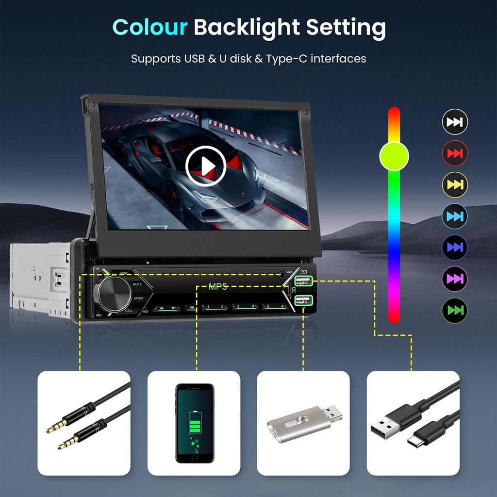 1DIN автомобильная аудиосистема с сенсорным экраном, автомобильное стерео радио CarPlay Android Auto Android Hodozzy SWC Mirror Link FM-радио EQ 7-дюймовая раскладная автомобильная стереосистема с цветным дисплеем