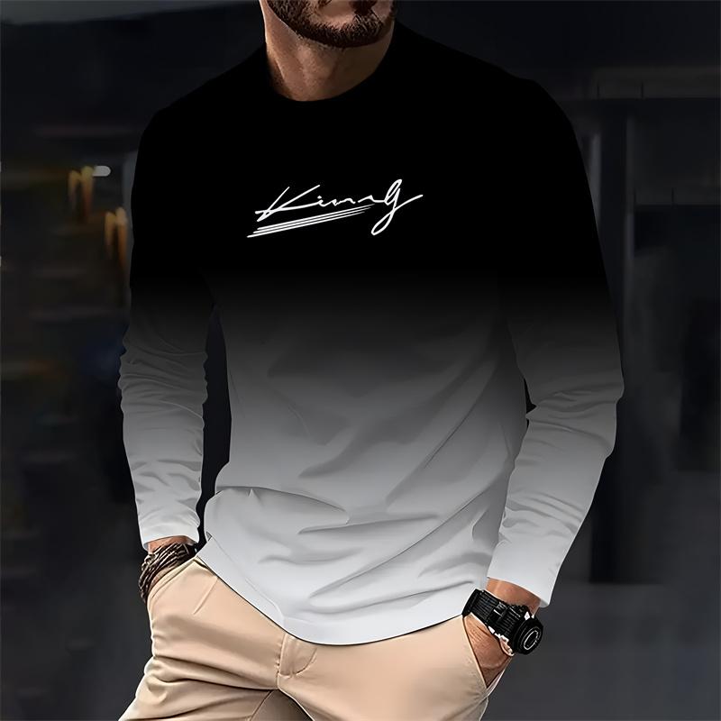 Spring and Autumn Gradient Men's Casual Loose Long Sleeve T-shirt Fashion Crewneck Polyester T-shirt Comfortable Men's Wear