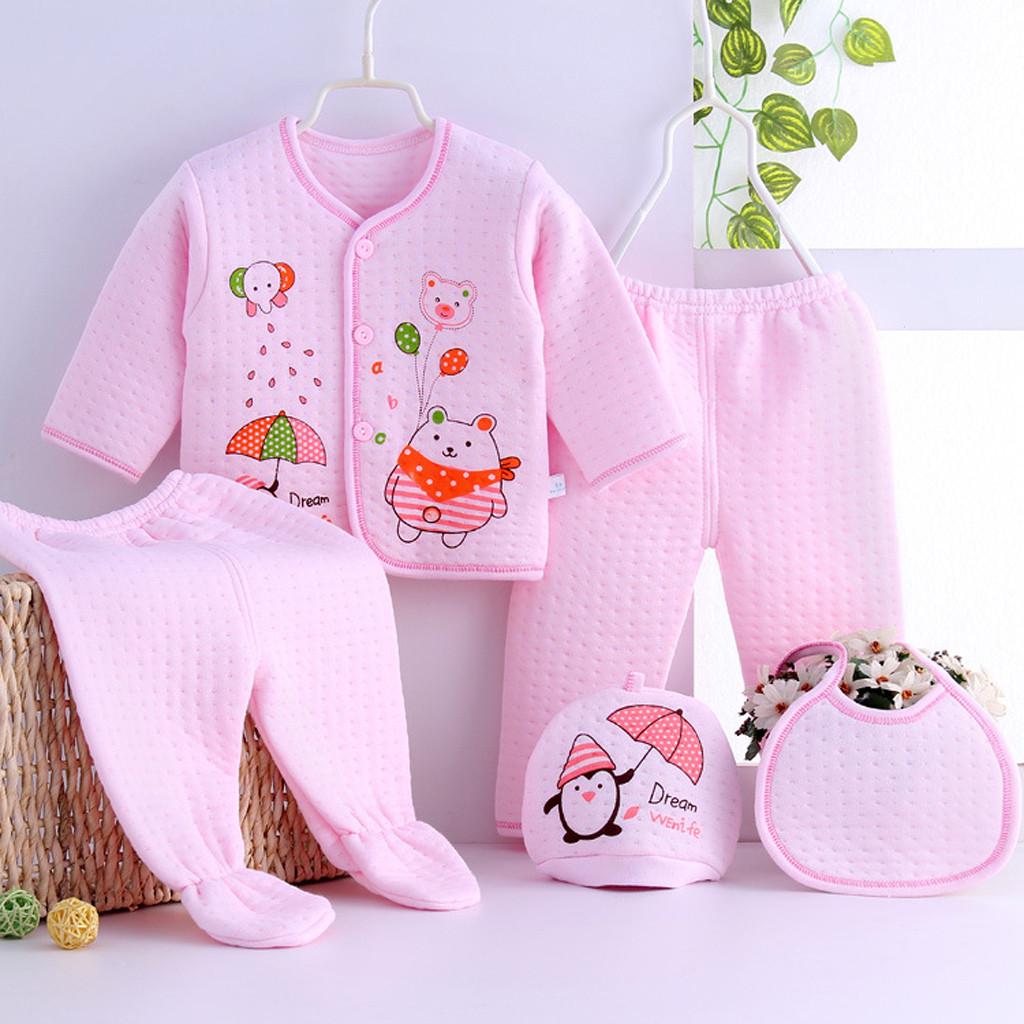 5PCS Newborn Baby Boy Girl Cartoon Long Sleeve Tops+Hat+Pants +Bib Outfits Set