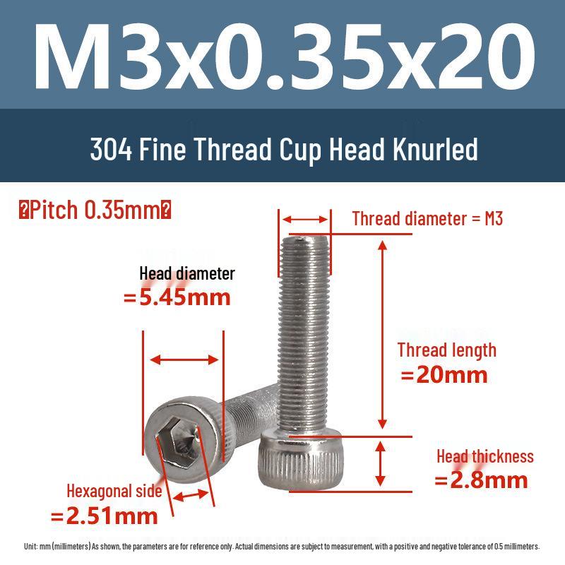 Yigu Fine Thread Knurled Socket Head Screws, 304 Stainless Steel, M3-M12