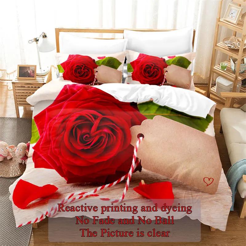 Comforter Rose Flower Bedding Set 4Pcs Pink Red 200X230 For Double Bed 3D Bedsheet 230X230 Full Size Thin Fabric