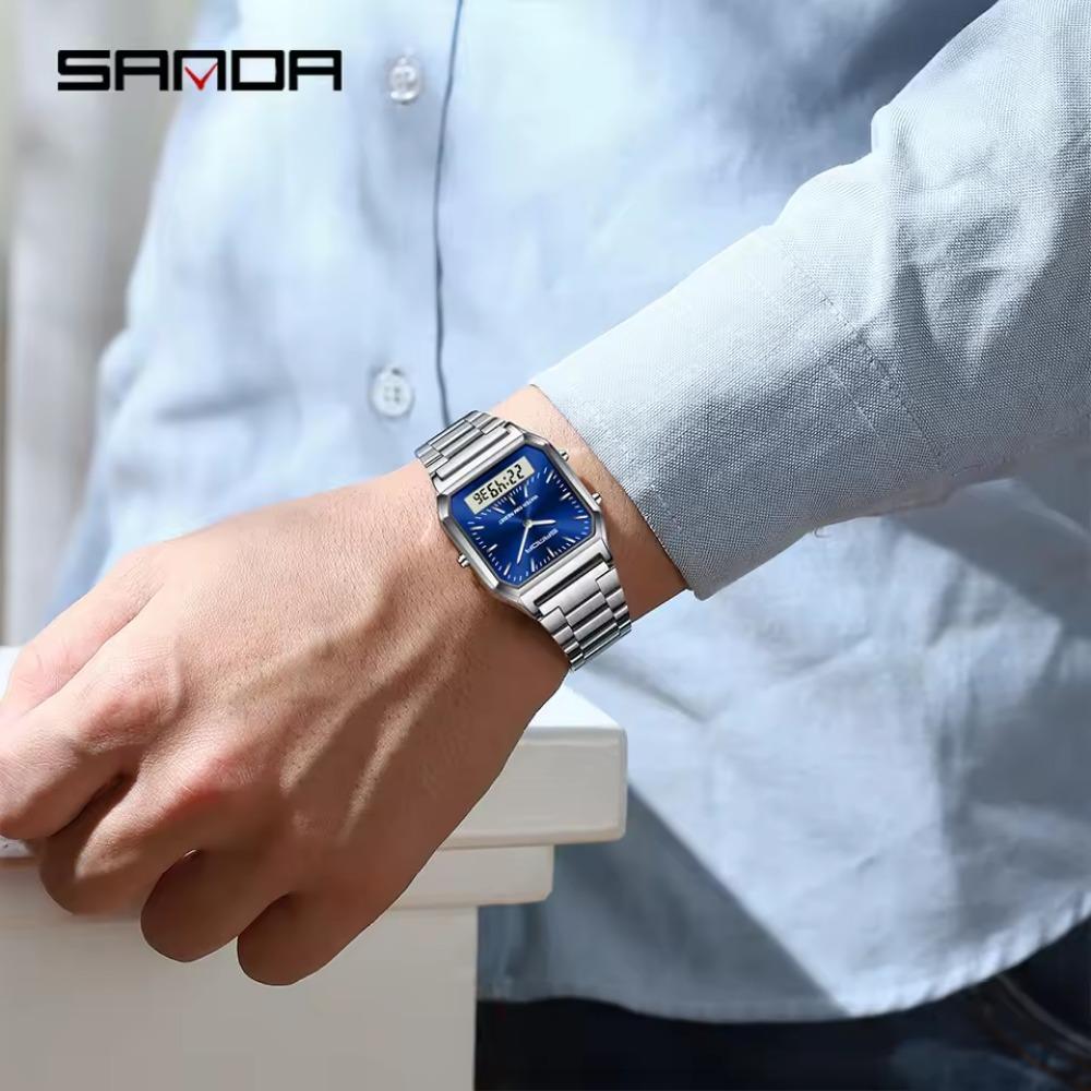 Unisex Analog Digital Quartz Wristwatch Square Case Waterproof Stainless Steel Bracelet Watch