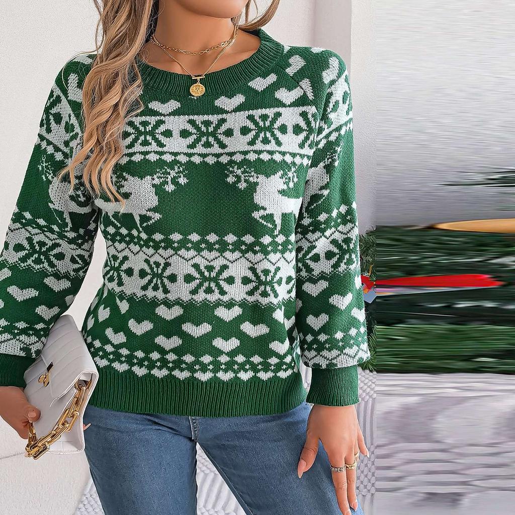 Women's Fashion Casual Loose Christmas Deer Pattern Contrast Color Sweater Long Sleeve Pullover Top