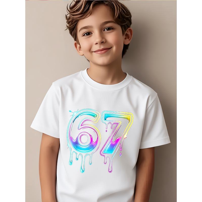 European sizes Boys' Print Casual Short Sleeve T-Shirt - Stretchy Breathable Summer Top with Rainbow Dripping Number 67 Graphic Round Neck