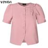 VONDA Женская повседневная круглая шея с коротким рукавом и галстуком, однотонная свободная блузка