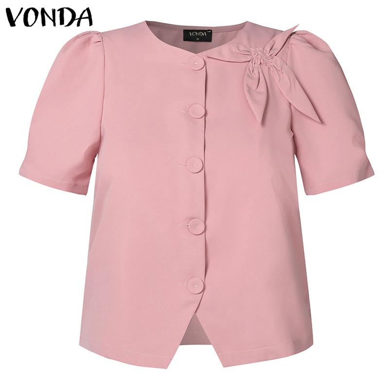 VONDA Женская повседневная круглая шея с коротким рукавом и галстуком, однотонная свободная блузка