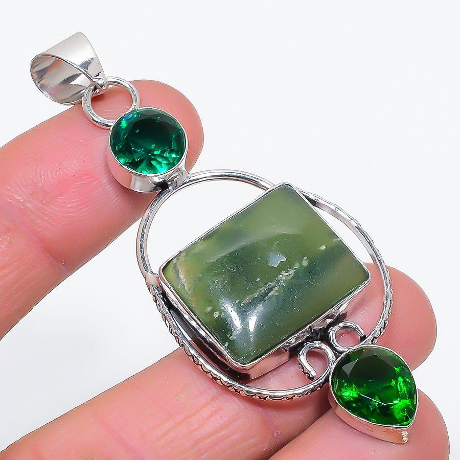 Nephrite, Diopside Handmade 925 Sterling Silver Jewelry Pendant 2.96" E2j50