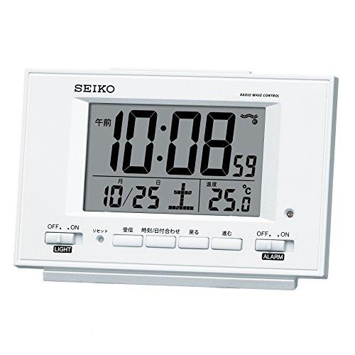 Seiko Clock Alarm Clock, Automatic Illumination, Radio-Controlled, Digital, Calendar, Temperature Display, Visible at Night, White Pearl, SQ778W SEIKO