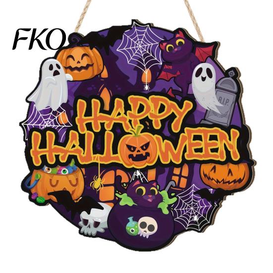Waterproof Halloween Porch Sign Happy Wooden Door Hanger for Household Front Porch, Cute Ghost Pumpkin Sunproof Holiday Printed Hanging Plaque, Spooky