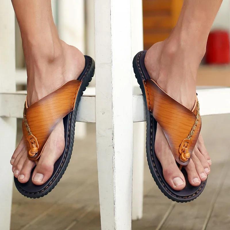 Модные летние новые повседневные кожаные шлепанцы высокого качества, классические шлепанцы с перемычкой, мужские пляжные шлепанцы, уличная нескользящая обувь на мягкой подошве