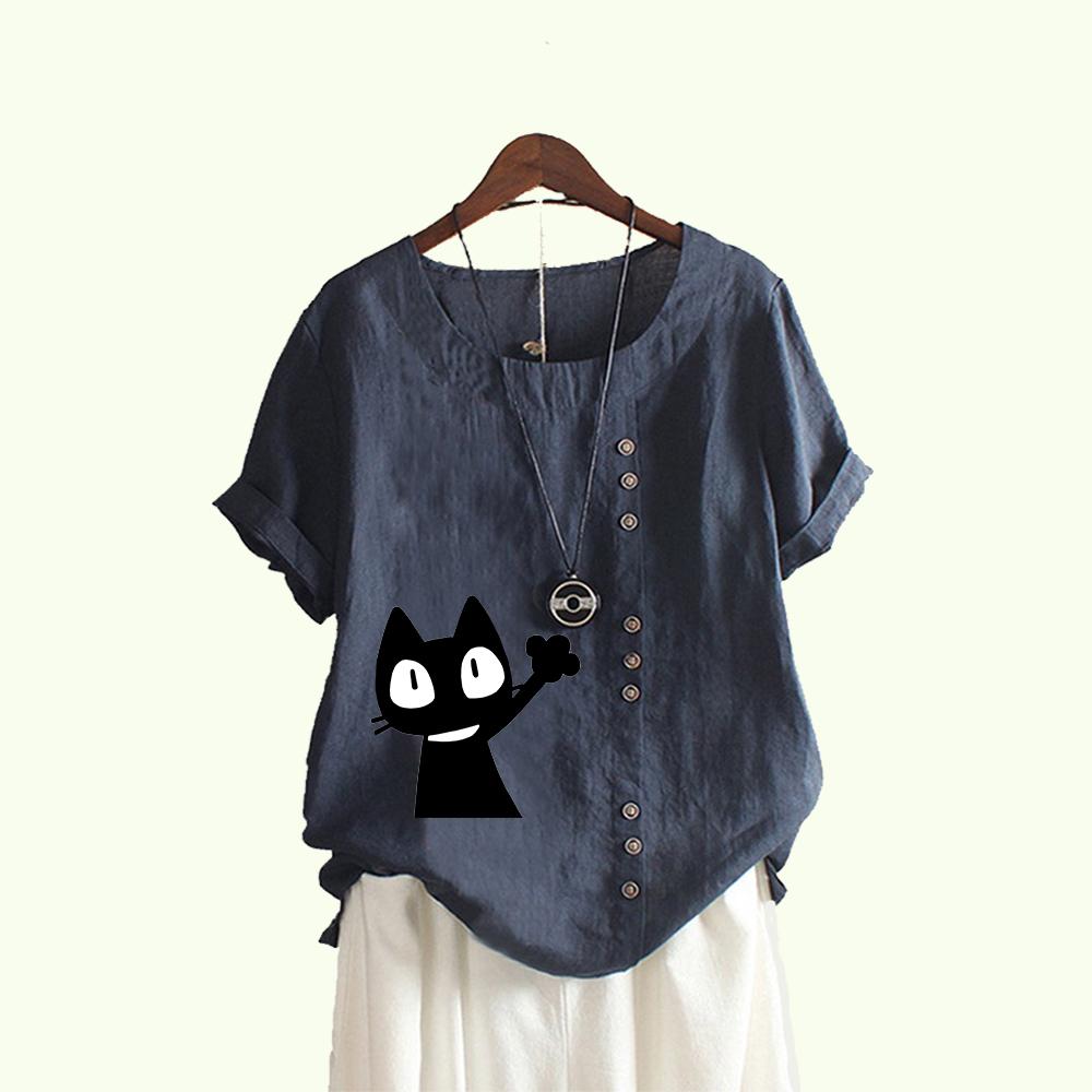 Женская мода блузка с коротким рукавом с принтом кошки, летняя повседневная пуловер с круглым воротником, свободная хлопковая льняная футболка