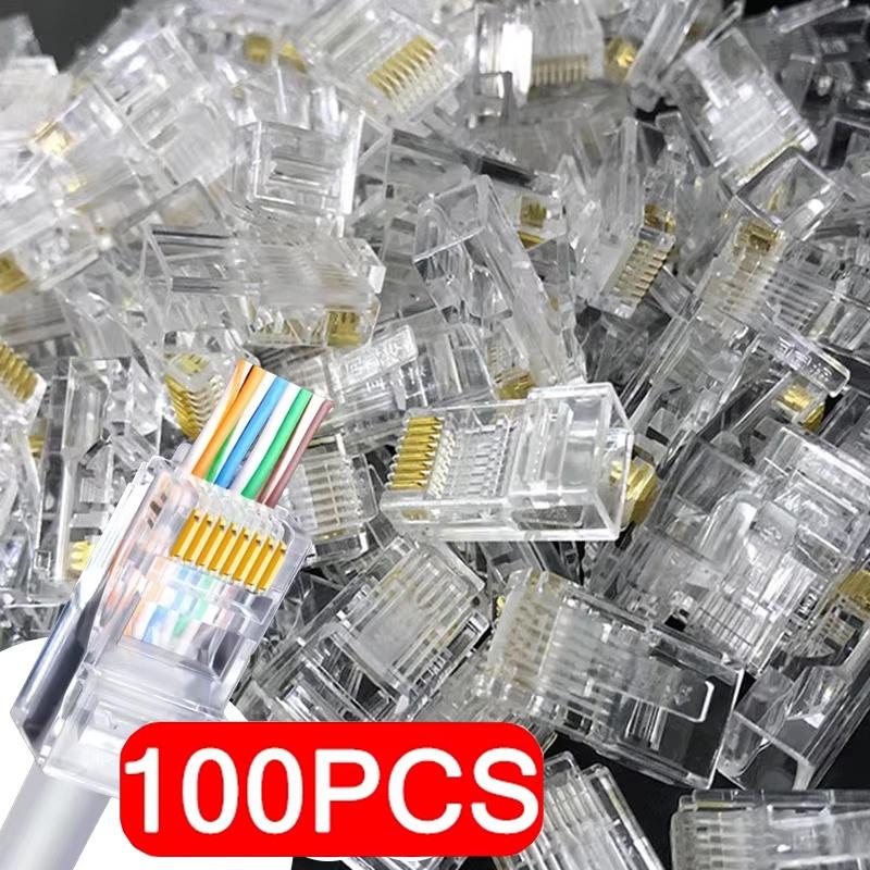 100 шт. RJ45 CAT6 CAT5e Проходной Коннектор Сетевой Хрустальный Коннектор Позолоченный Обжимной UTP Стандартный Сетевой Модульный Штекер Ethernet