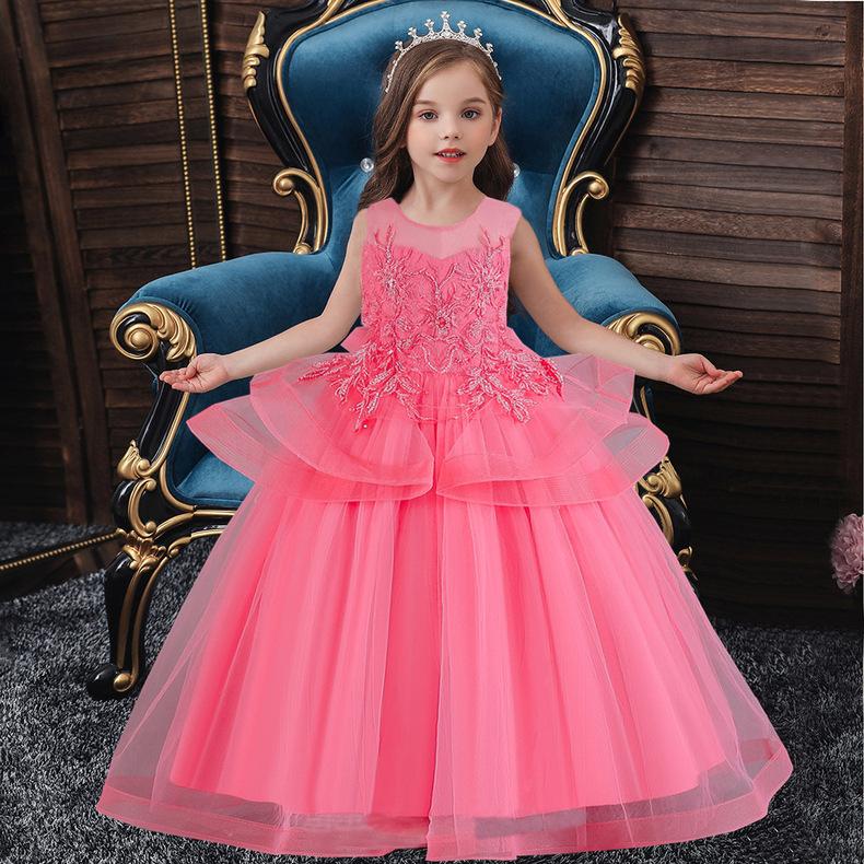 Платье принцессы для девочек, пышная сетчатая юбка, свадебное платье, вечернее платье, длинное платье с цветочным узором для девочек