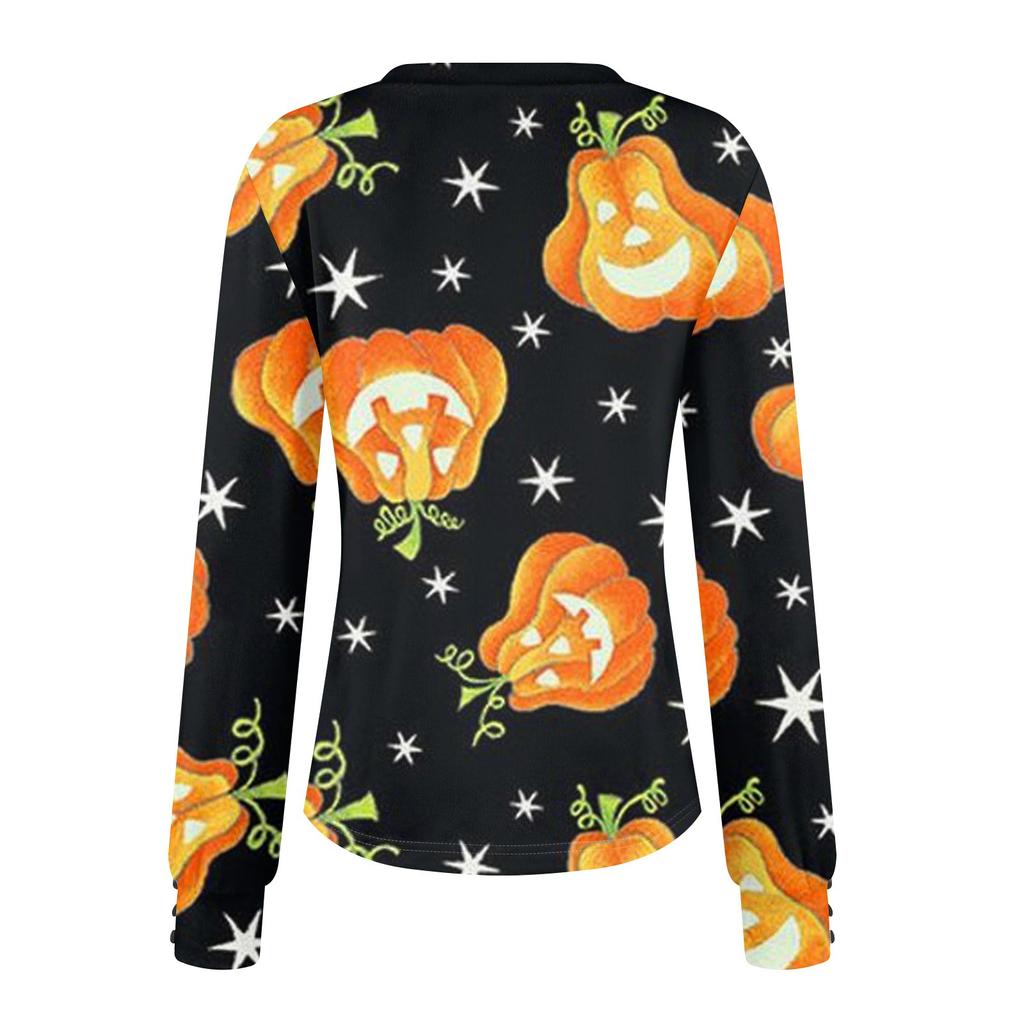 Женские топы с принтом на Хэллоуин, рубашка с длинным рукавом, V-образный вырез, повседневная свободная футболка, осенняя одежда