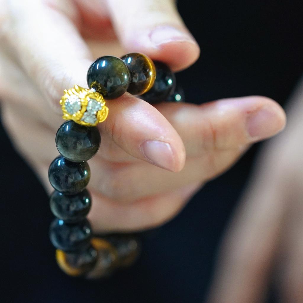 12Mm High Quality Natural Obsidian Tiger'S Eye Design Bracelet Bracelet