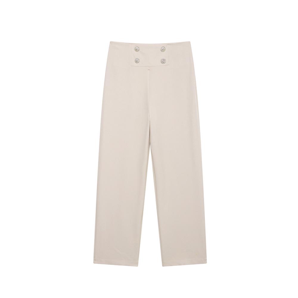 2025 Spring Women's Slim Fit Solid Straight-Leg Pants with Button Detail