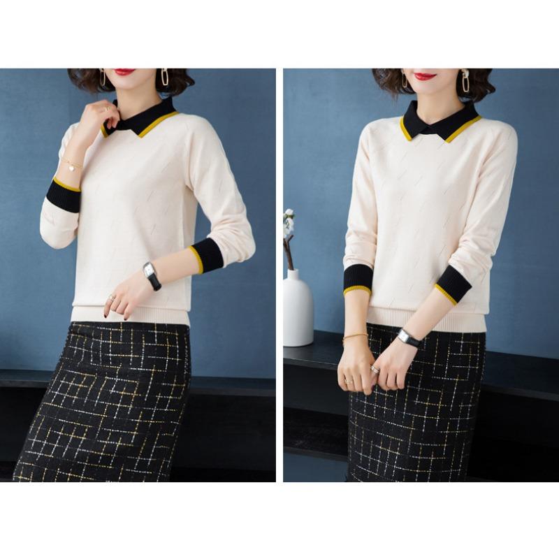 Женский трикотажный свитер с воротником поло и длинными рукавами, свободный повседневный свитер, однотонный короткий свитер для поездок на работу на осень и зиму