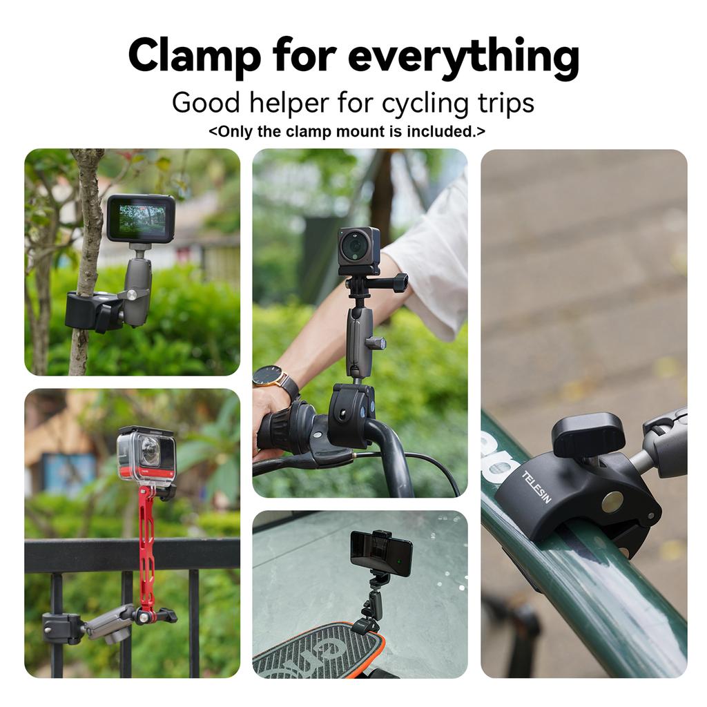 TELESIN GPHBM001 Велосипедный руль Super Clamp Mount из алюминиевого сплава, двойная вращающаяся на 360 градусов шаровая головка