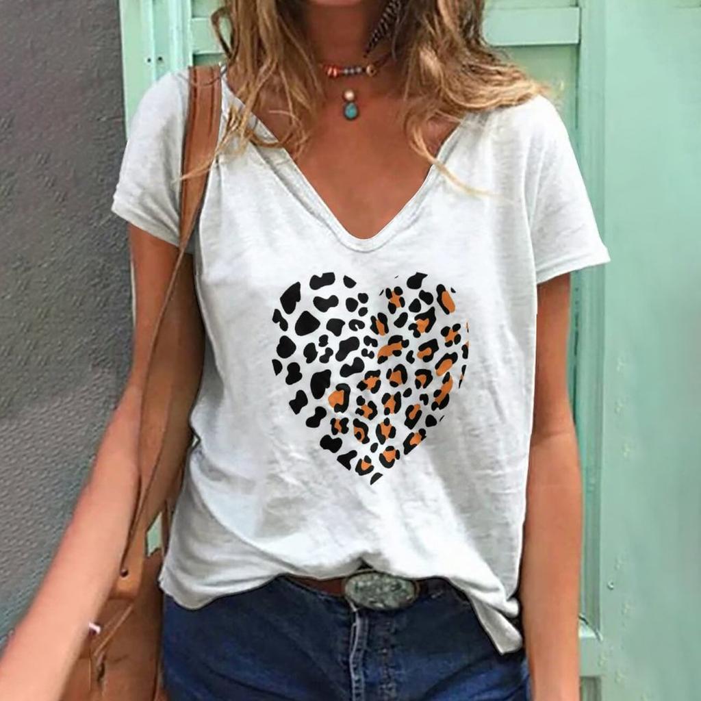 New Women's T-shirt Love Leopard Short Sleeve 3d V-neck Fashion Female Clothing Streetwear Casual Tops Harajuku Summer T Shirt